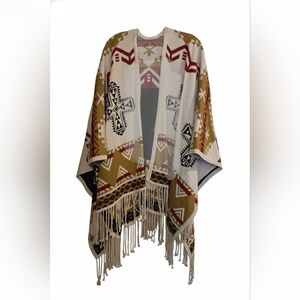 Aztec-Inspired Fringe Cape in White, Brown, and Black